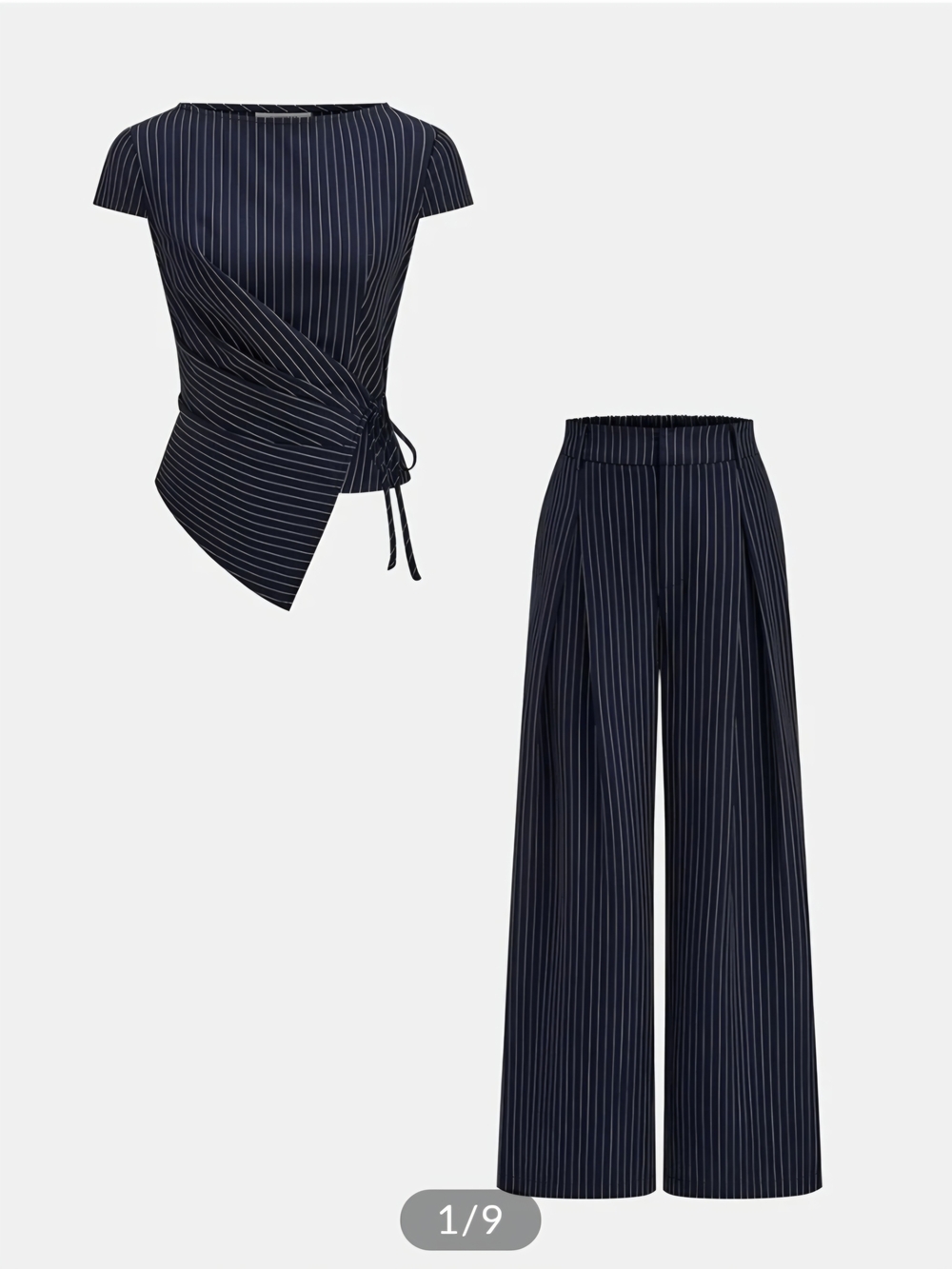 Pinstripe Wrap Tie Top & Wide-Leg Pants Set.